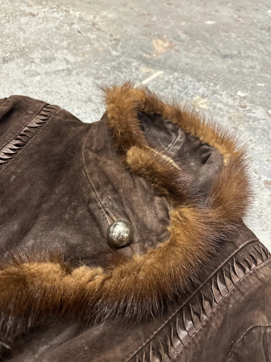 2000s Roberto Cavalli Brown Fur Asymmetrical Collar Jacket (M) 9