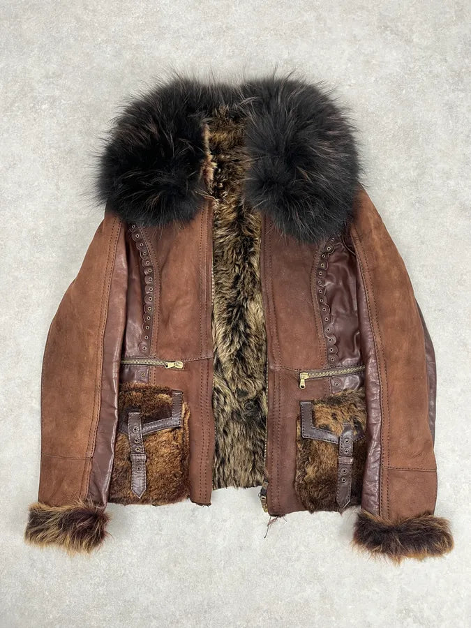 2000s Roberto Cavalli Brown Fur Leather Jacket ZJjinKM 3