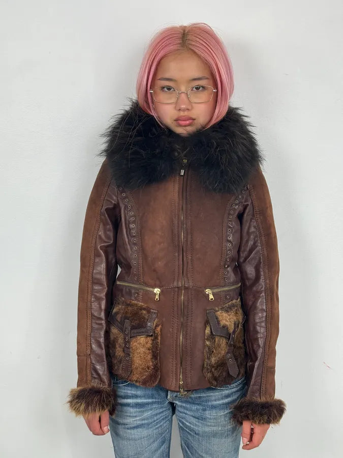 2000s Roberto Cavalli Brown Fur Leather Jacket ZJjinKM 1