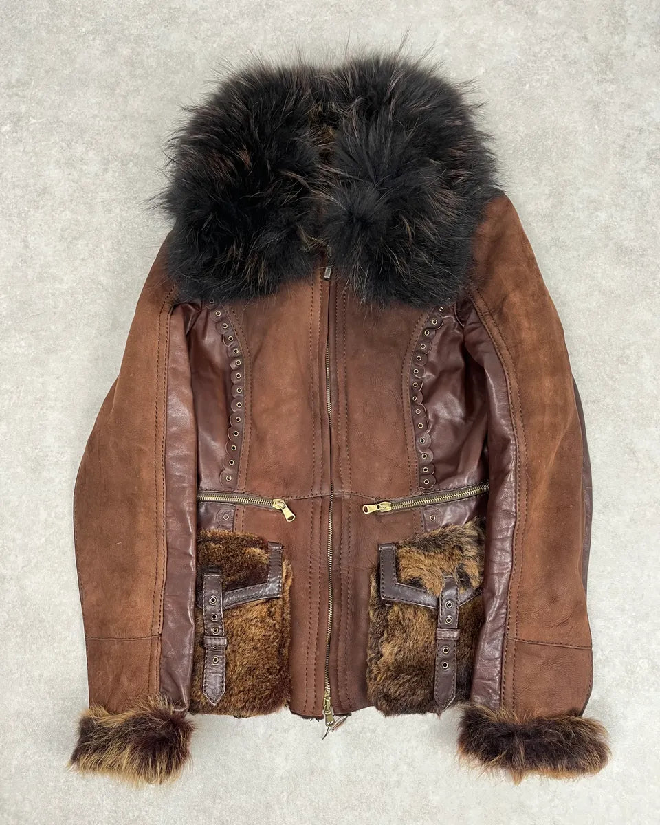 2000s Roberto Cavalli Brown Fur Leather Jacket ZJjinKM 0
