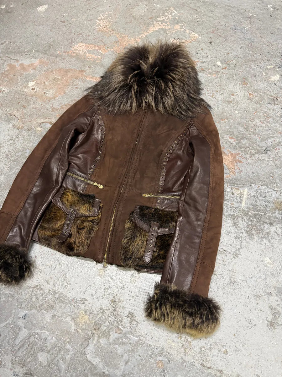 2000s Roberto Cavalli Brown Fur Leather Premium Jacket MkvWOXa 1