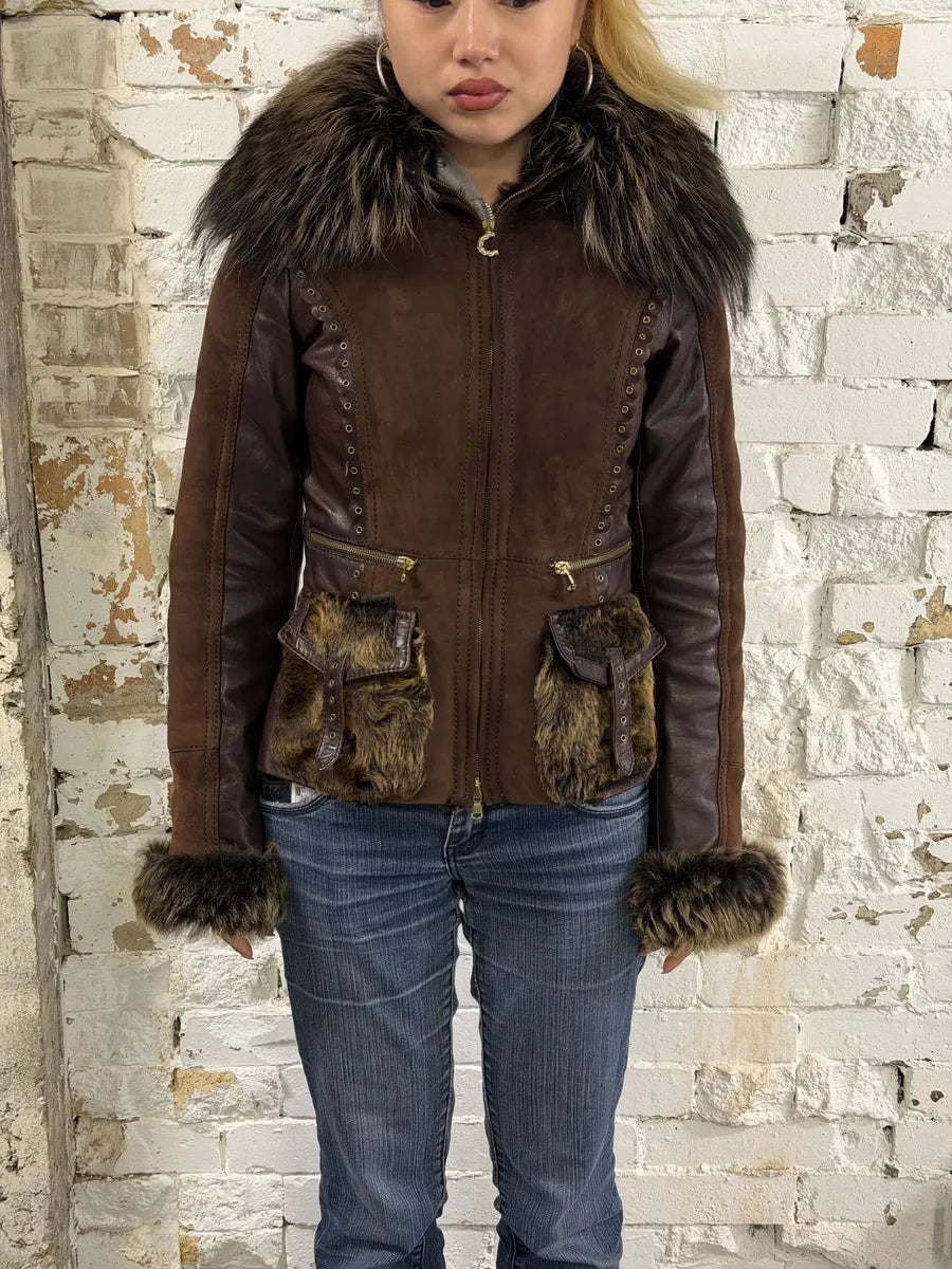 2000s Roberto Cavalli Brown Fur Leather Premium Jacket MkvWOXa 4