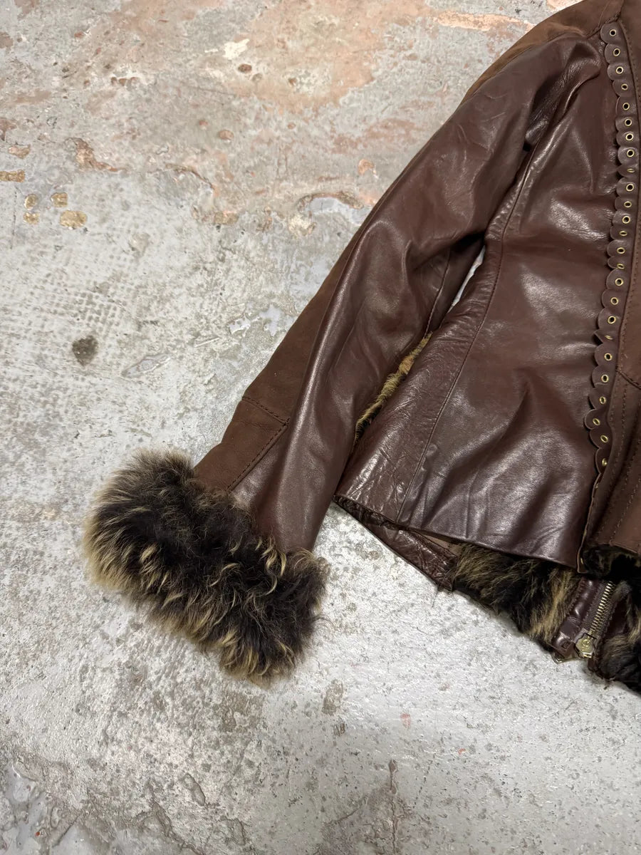 2000s Roberto Cavalli Brown Fur Leather Premium Jacket MkvWOXa 6