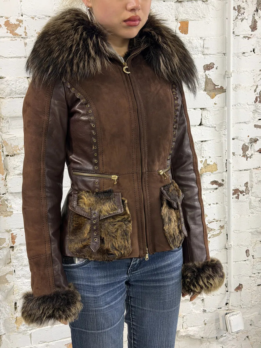2000s Roberto Cavalli Brown Fur Leather Premium Jacket MkvWOXa 8