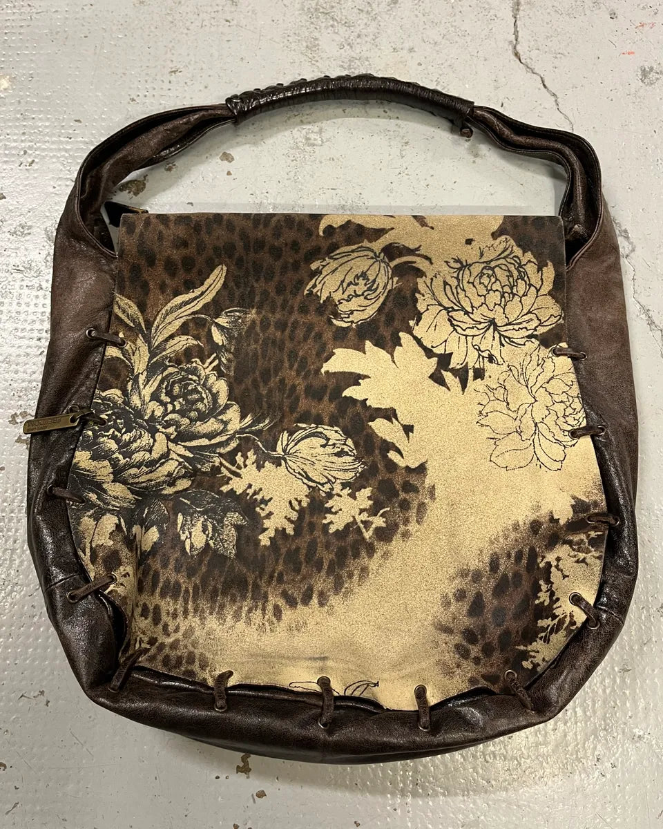 2000s Roberto Cavalli Brown Leather Floral Print Shoulder Bag ScAODyH 0