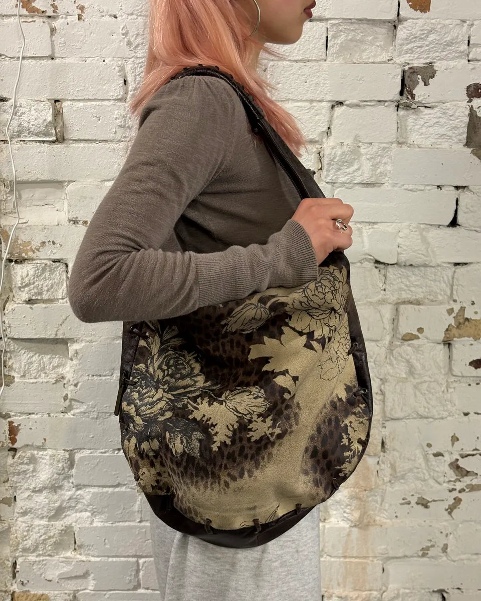 2000s Roberto Cavalli Brown Leather Floral Print Shoulder Bag ScAODyH 1