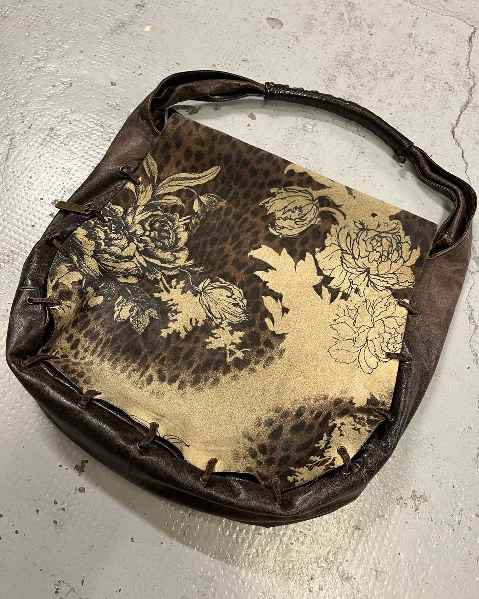 2000s Roberto Cavalli Brown Leather Floral Print Shoulder Bag ScAODyH 3