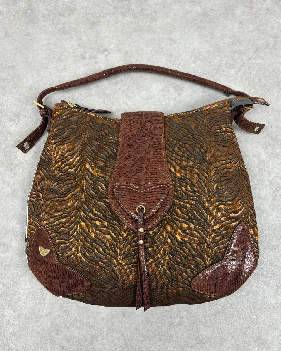 2000s Roberto Cavalli Brown Leather Tiger Embossed Shoulder Bag rskuYNn 0