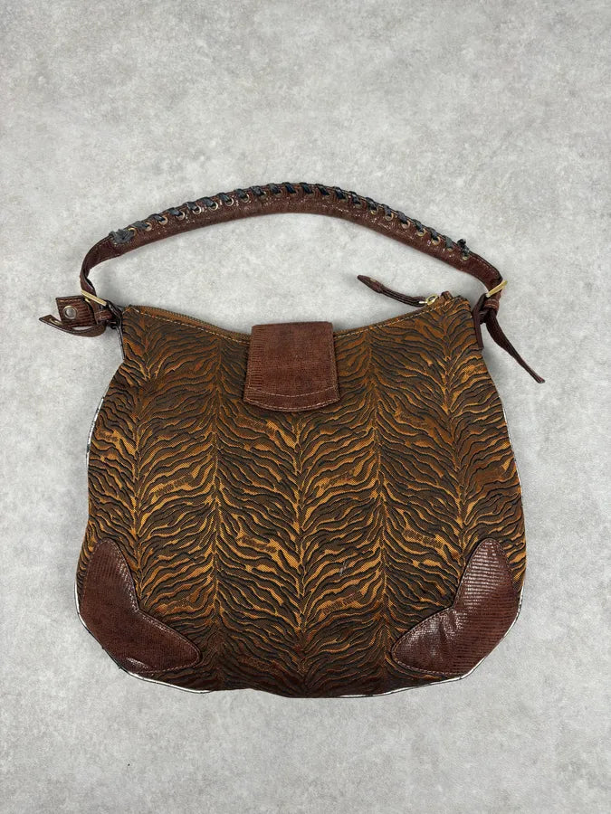 2000s Roberto Cavalli Brown Leather Tiger Embossed Shoulder Bag rskuYNn 4
