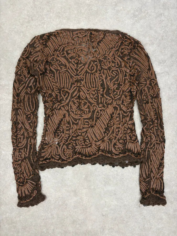 2000s Roberto Cavalli Brown Mohair Leather Embroidered Sweater ocSlQRz 5