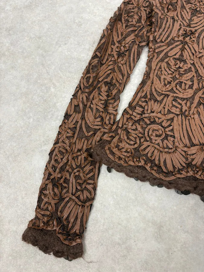 2000s Roberto Cavalli Brown Mohair Leather Embroidered Sweater ocSlQRz 6