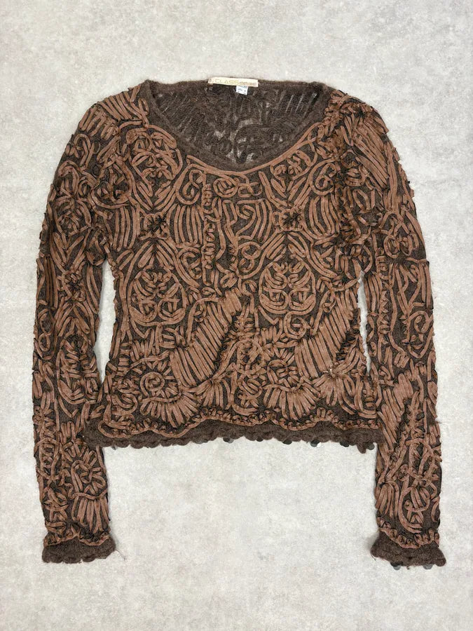 2000s Roberto Cavalli Brown Mohair Leather Embroidered Sweater ocSlQRz 0