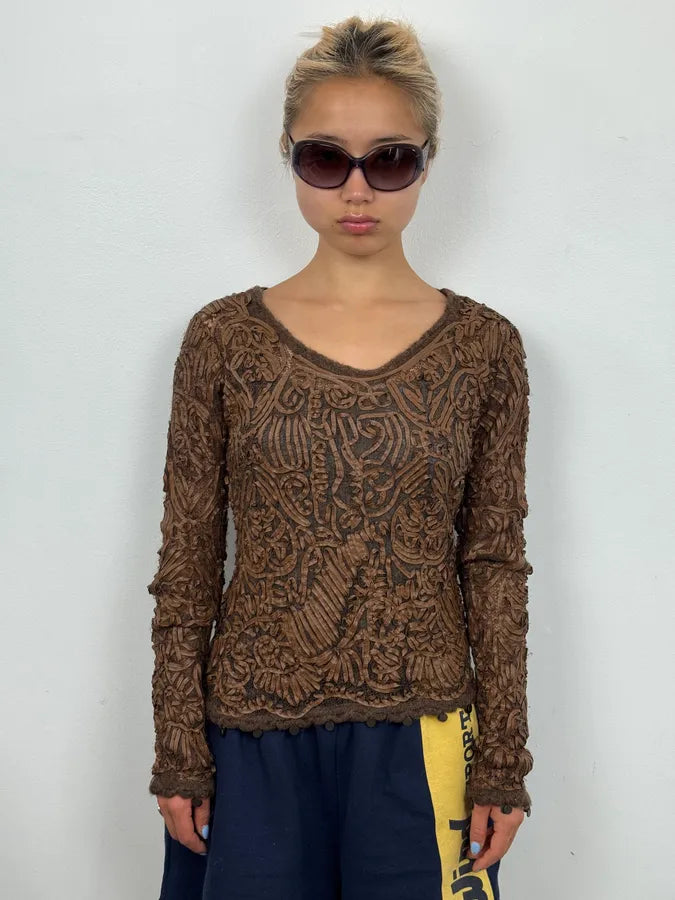 2000s Roberto Cavalli Brown Mohair Leather Embroidered Sweater ocSlQRz 1