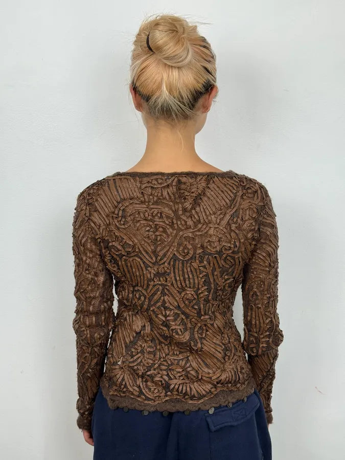 2000s Roberto Cavalli Brown Mohair Leather Embroidered Sweater ocSlQRz 2