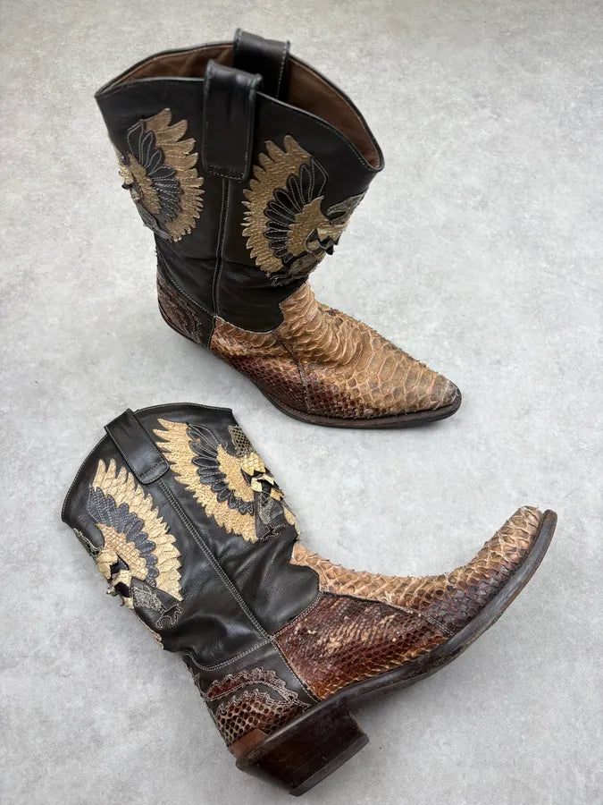 2000s Roberto Cavalli Brown Python Embroidered Santiags Western Boots vRuHBCj 4
