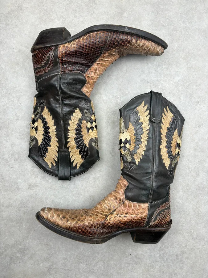 2000s Roberto Cavalli Brown Python Embroidered Santiags Western Boots vRuHBCj 3