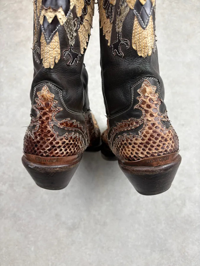 2000s Roberto Cavalli Brown Python Embroidered Santiags Western Boots vRuHBCj 6