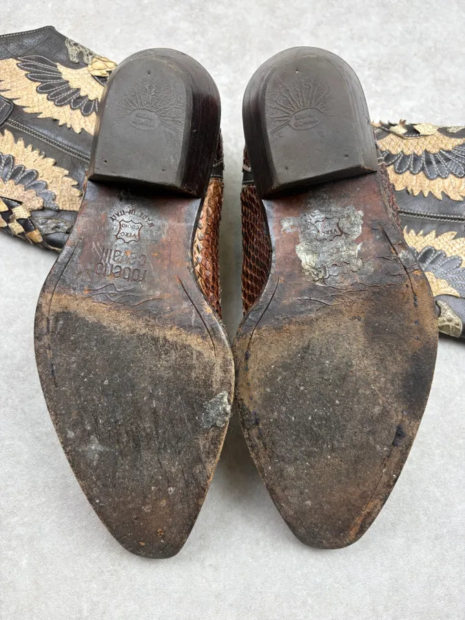 2000s Roberto Cavalli Brown Python Embroidered Santiags Western Boots vRuHBCj 8