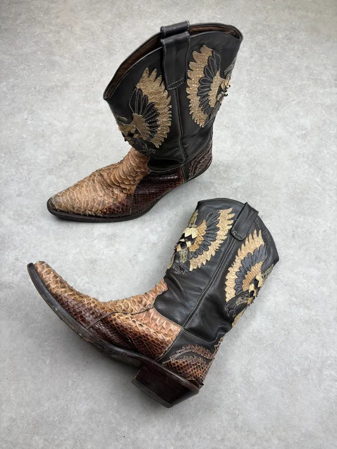 2000s Roberto Cavalli Brown Python Embroidered Santiags Western Boots vRuHBCj 5