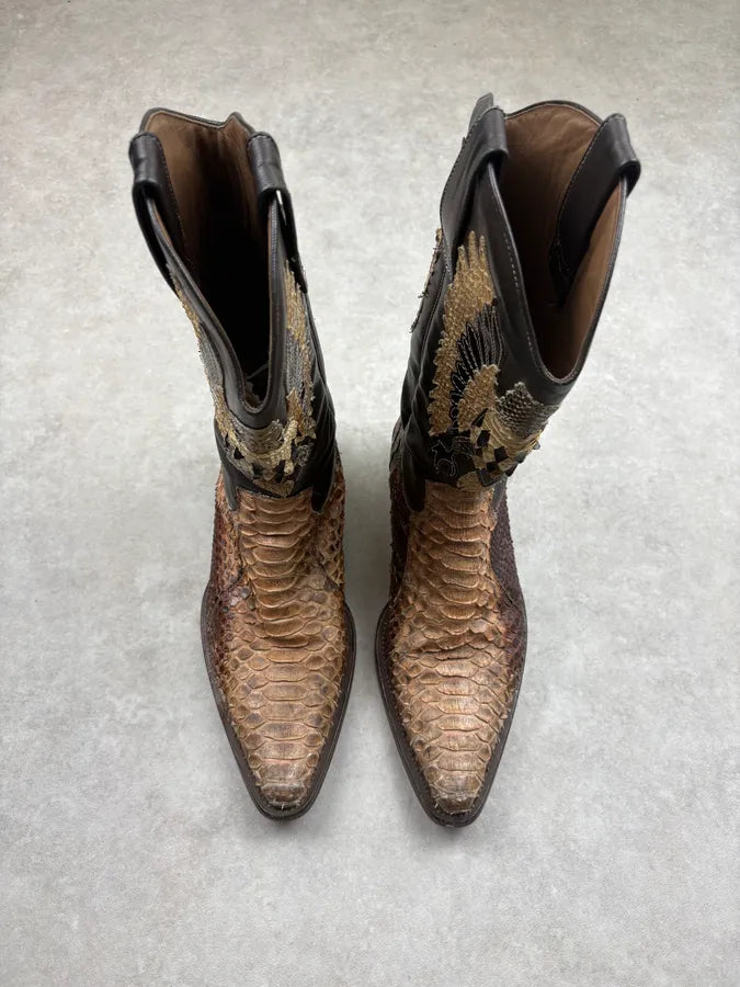 2000s Roberto Cavalli Brown Python Embroidered Santiags Western Boots vRuHBCj 2