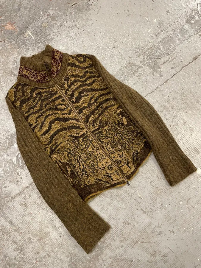 2000s Roberto Cavalli Brown Safari Zebra Wool Zip-up Cardigan (M/L) fCAwzSY 3