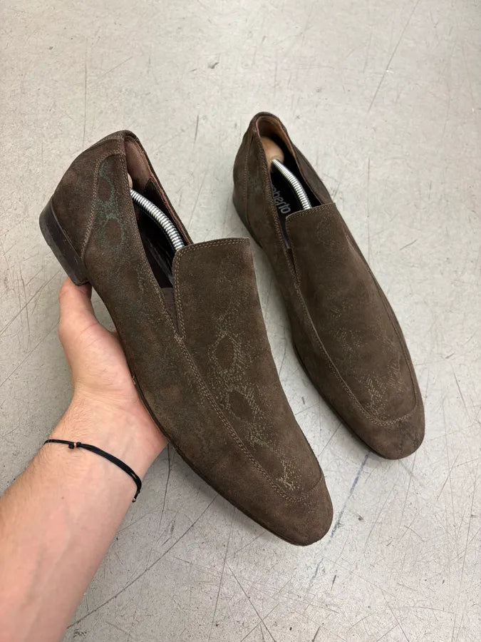 2000s Roberto Cavalli Brown Suede Snakeskin Trompe LOeil Pattern Loafers kboIskX 0