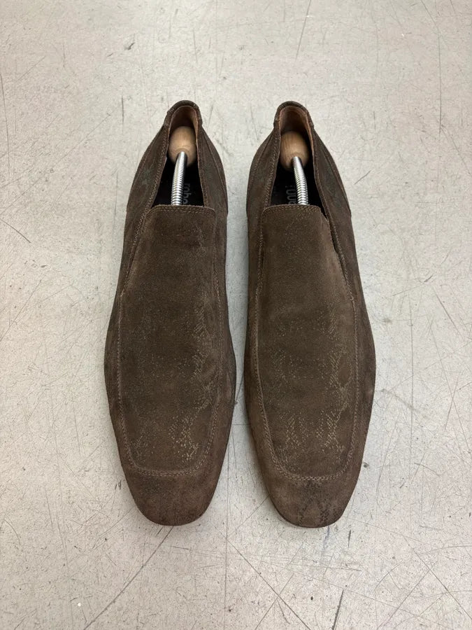 2000s Roberto Cavalli Brown Suede Snakeskin Trompe LOeil Pattern Loafers kboIskX 1
