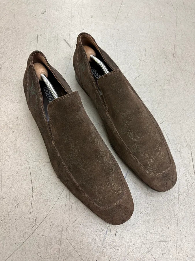2000s Roberto Cavalli Brown Suede Snakeskin Trompe LOeil Pattern Loafers kboIskX 3