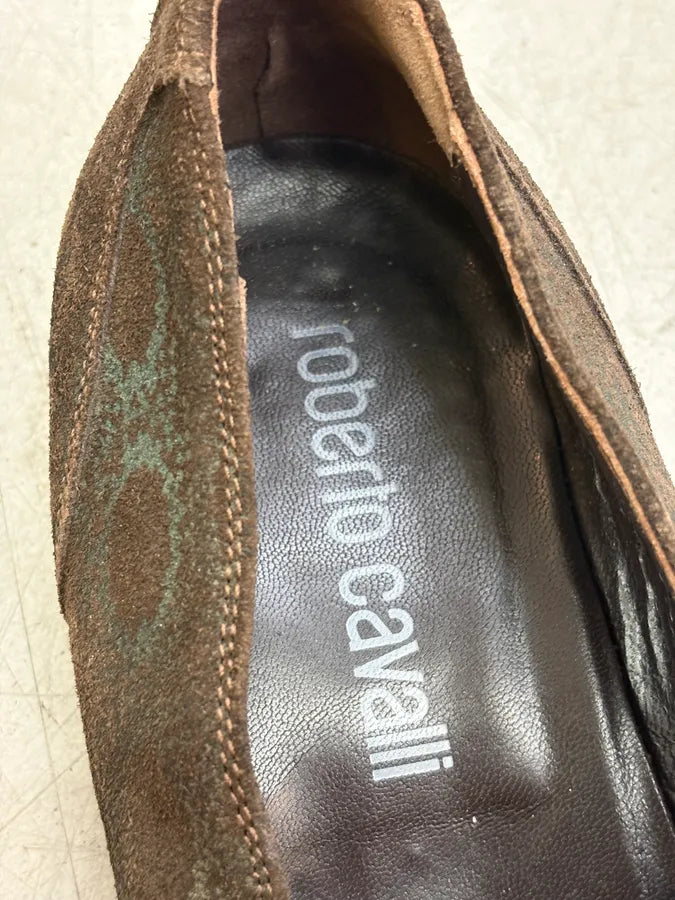 2000s Roberto Cavalli Brown Suede Snakeskin Trompe LOeil Pattern Loafers kboIskX 8
