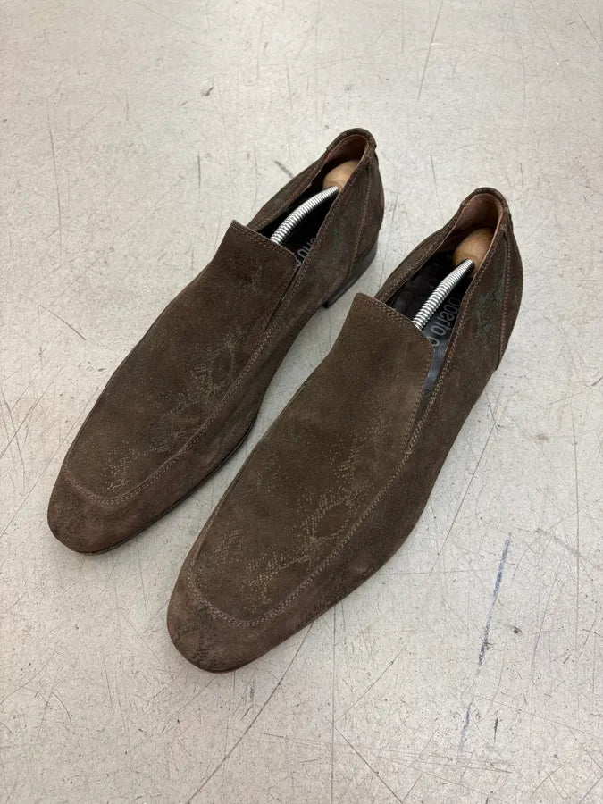 2000s Roberto Cavalli Brown Suede Snakeskin Trompe LOeil Pattern Loafers kboIskX 2