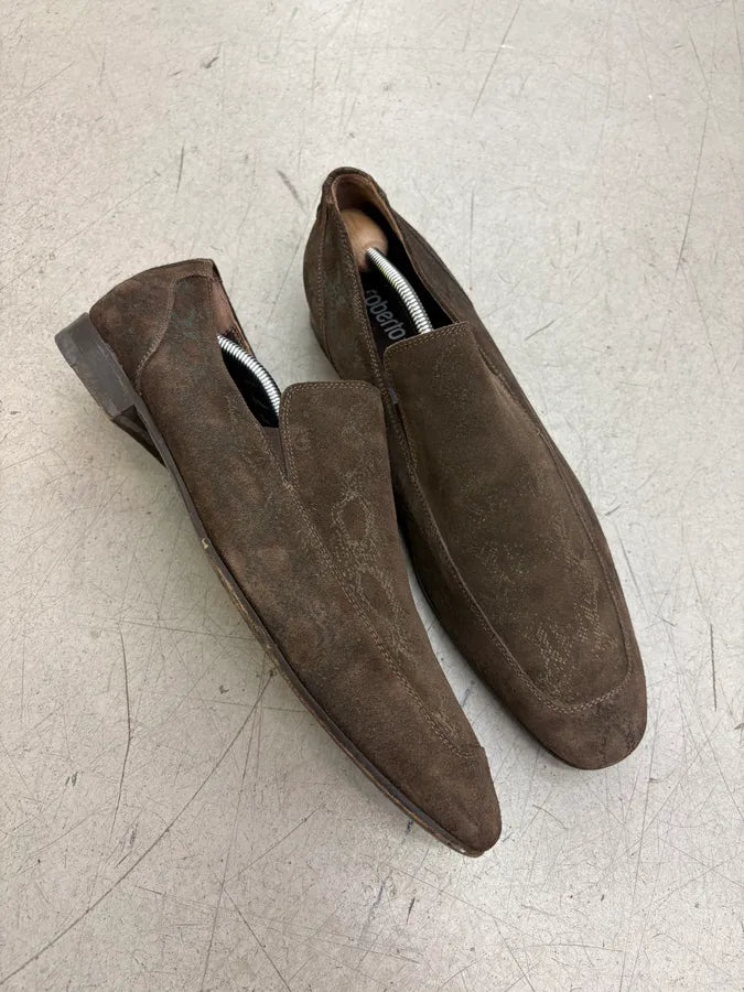 2000s Roberto Cavalli Brown Suede Snakeskin Trompe LOeil Pattern Loafers kboIskX 4