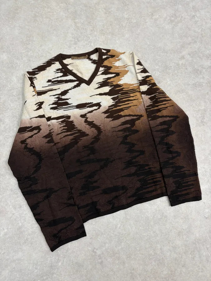 2000s Roberto Cavalli Brown Wool V Neck Gradient Wavy Sweater CyRsCKd 3