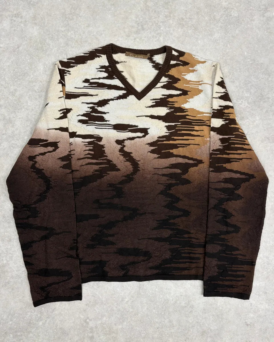 2000s Roberto Cavalli Brown Wool V Neck Gradient Wavy Sweater CyRsCKd 0