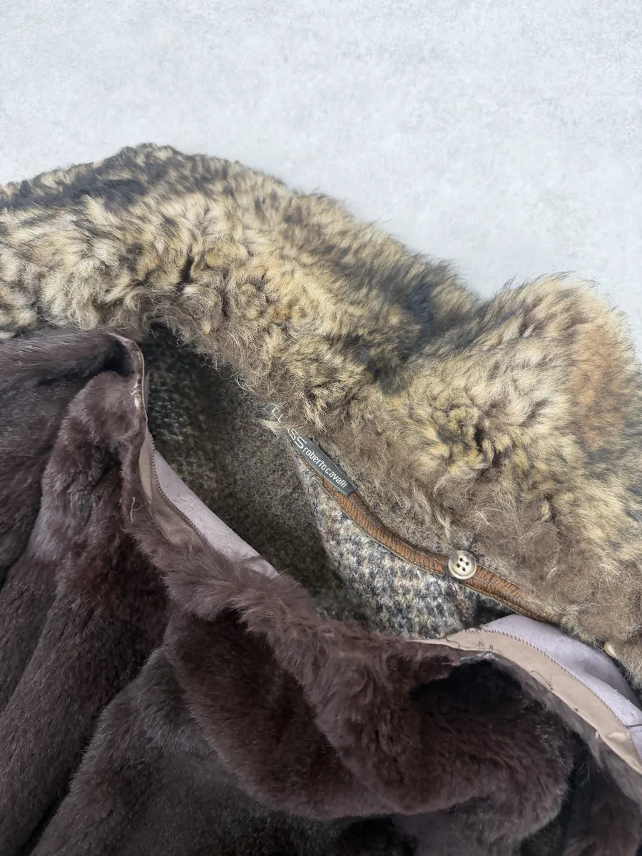 2000s Roberto Cavalli Brown Wool Mohair Fur Collar Light Jacket kCDNujP 12