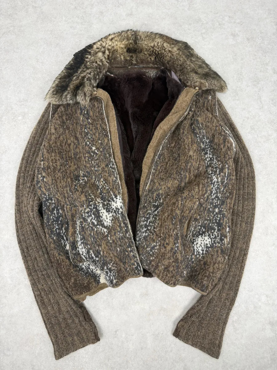 2000s Roberto Cavalli Brown Wool Mohair Fur Collar Light Jacket kCDNujP 9