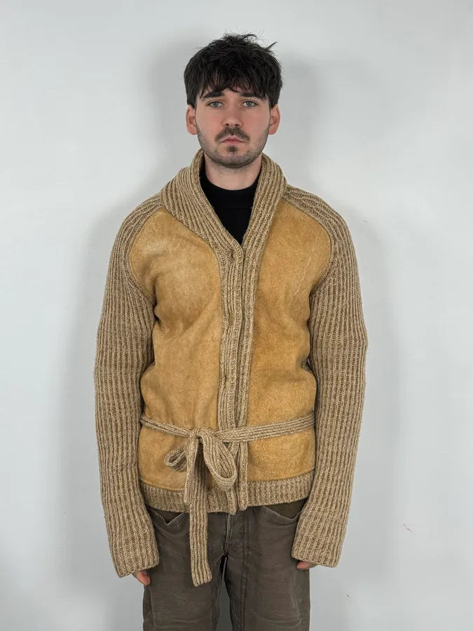 2000s Roberto Cavalli Camel Beige Wool & Leather Jacket sttRXPv 1