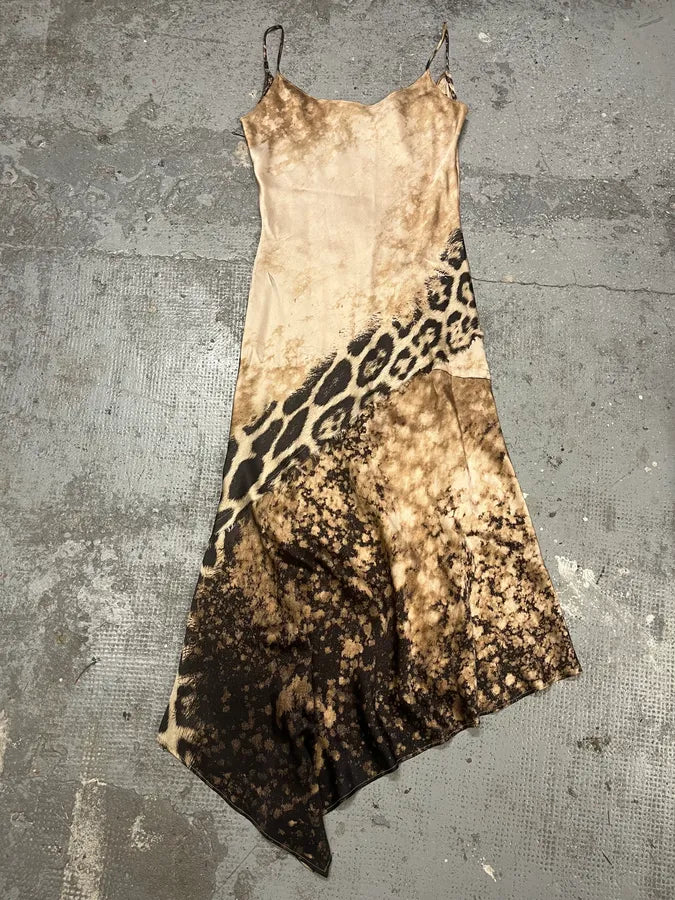 FW2001 Roberto Cavalli Cheetah Abstrat Tan Silk Midi Dress VSWSoRf 0