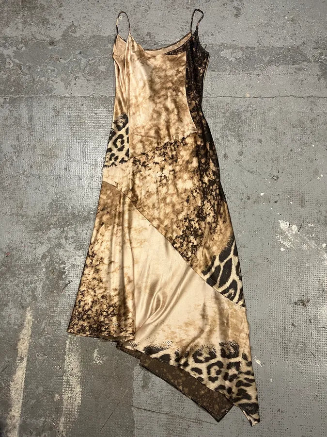 FW2001 Roberto Cavalli Cheetah Abstrat Tan Silk Midi Dress VSWSoRf 2