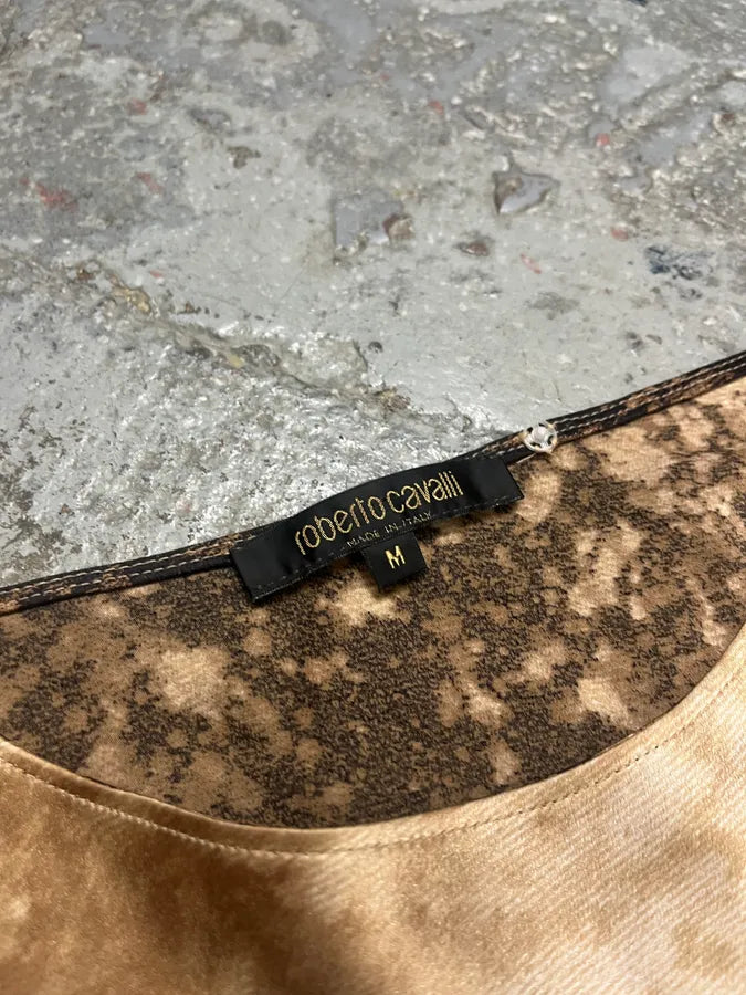 FW2001 Roberto Cavalli Cheetah Abstrat Tan Silk Midi Dress VSWSoRf 13