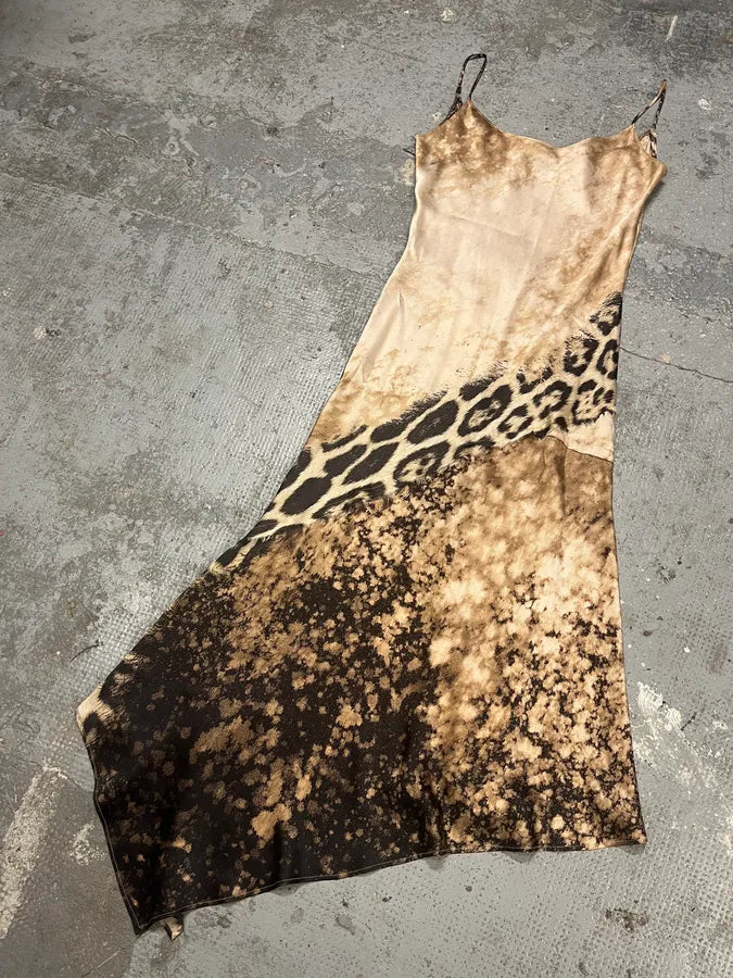 FW2001 Roberto Cavalli Cheetah Abstrat Tan Silk Midi Dress VSWSoRf 5