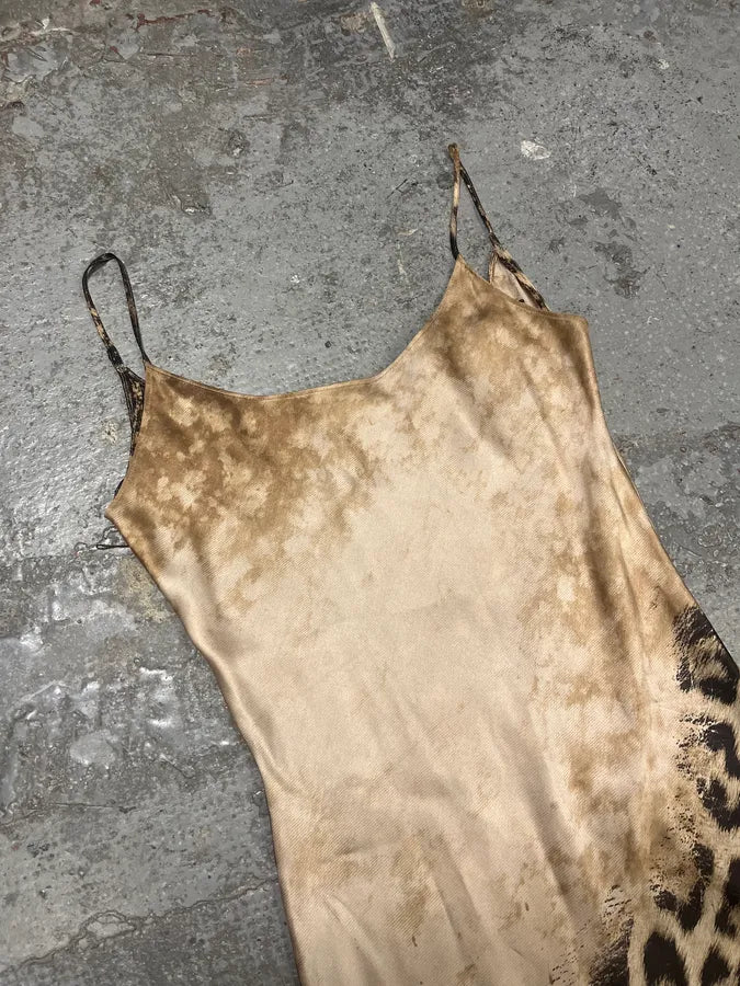 FW2001 Roberto Cavalli Cheetah Abstrat Tan Silk Midi Dress VSWSoRf 8