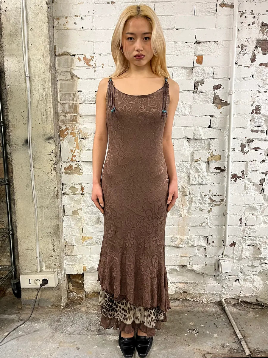 2000s Roberto Cavalli Class Brown Flowers & Leopard Dress MpVKBRe 0