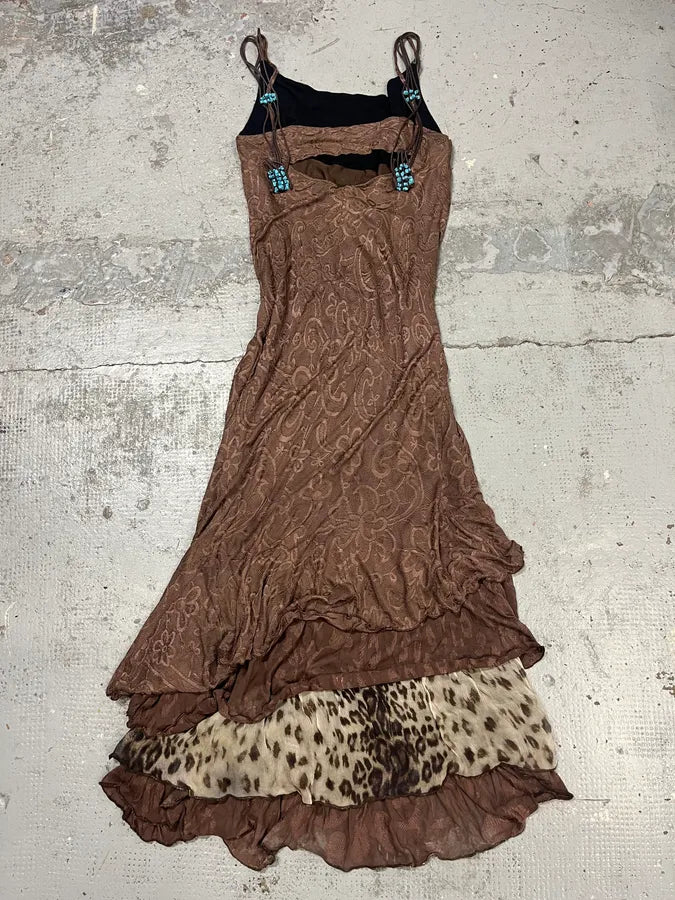 2000s Roberto Cavalli Class Brown Flowers & Leopard Dress MpVKBRe 3