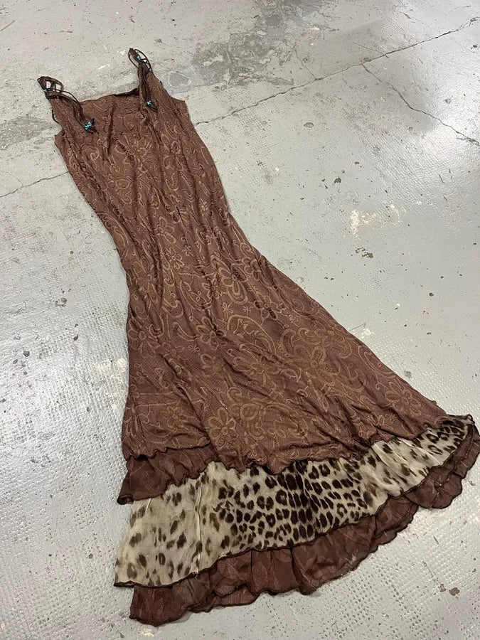 2000s Roberto Cavalli Class Brown Flowers & Leopard Dress MpVKBRe 4