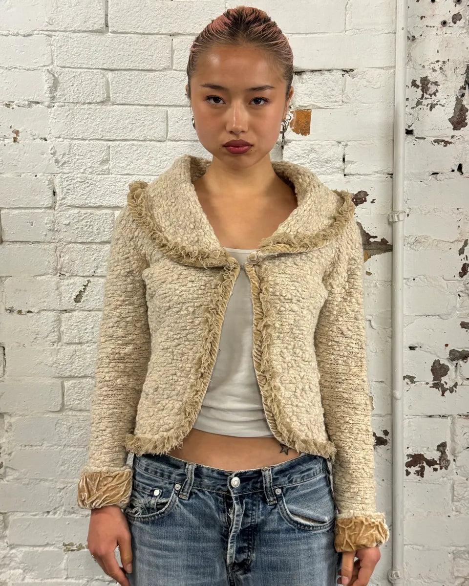 2000s Roberto Cavalli Class Wrinkled Texture Beige Cardigan Jacket yvOjcNX 0