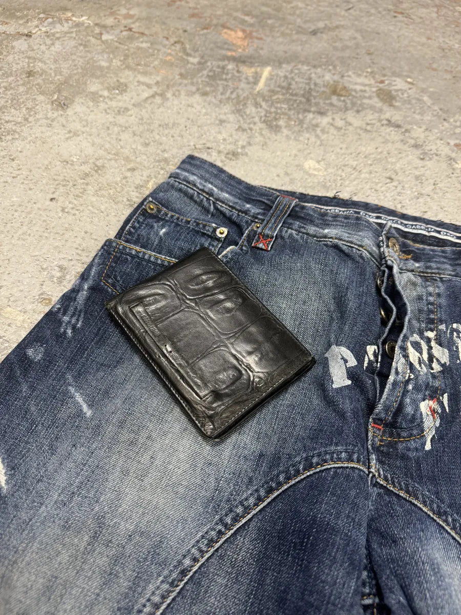 2000s Roberto Cavalli Crocodile Effect Black Leather Wallet isEVXJA 1