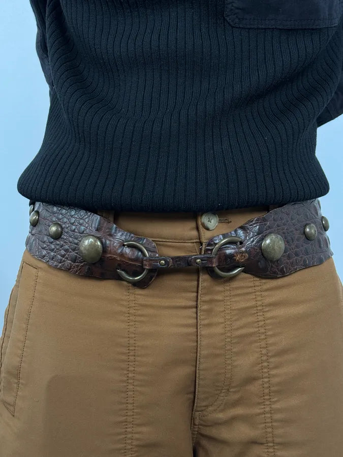 2000s Roberto Cavalli Crocodile Effect Leather Brown Studded Belt fyUXBVm 0