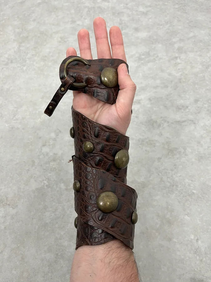 2000s Roberto Cavalli Crocodile Effect Leather Brown Studded Belt fyUXBVm 1