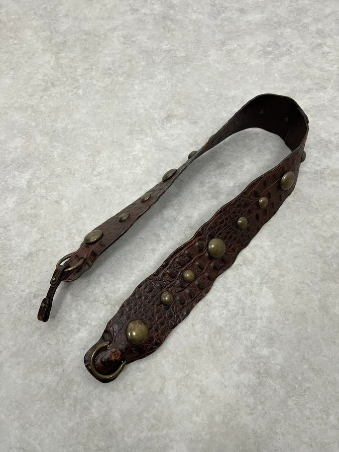 2000s Roberto Cavalli Crocodile Effect Leather Brown Studded Belt fyUXBVm 2