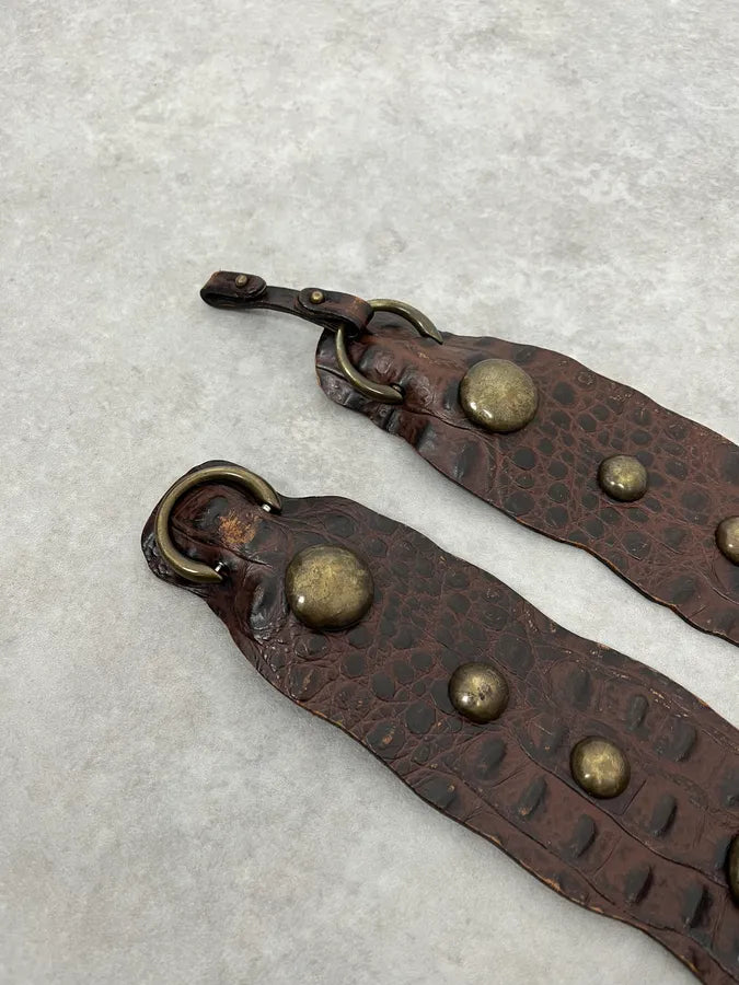 2000s Roberto Cavalli Crocodile Effect Leather Brown Studded Belt fyUXBVm 3